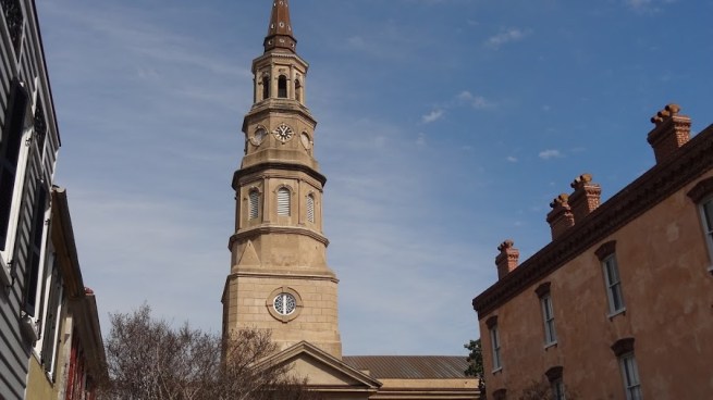 St. Philip's Cathedral towers above the waterfront skyline of Charleston. 