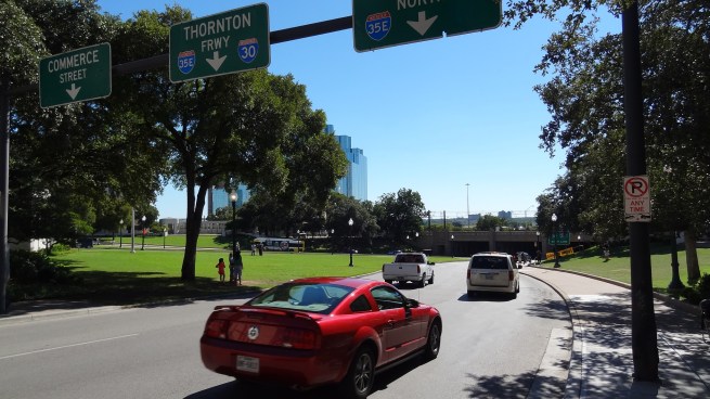 The view down Elm Street where Kennedy was shot, headed toward the underpass.
