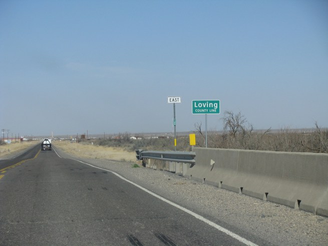 Loving County line in Texas on a visit in Feb. 2012. Loving is the lease populated county in the U.S.