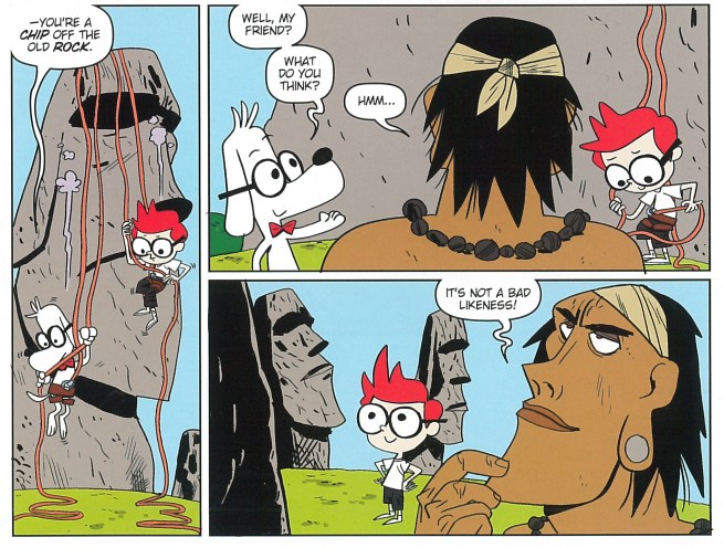 Mr. Peabody and Sherman go back in time and carve likenesses of the Rapa Nui people, essentially answering the question as to why the statues exist.   (Mr. Peabody and Sherman #2/IDW/December 2013).