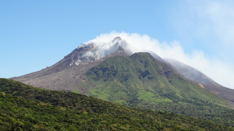 The now famous Soufriere Hills volcano, still spewing ash on a beautiful and clear March day. 
