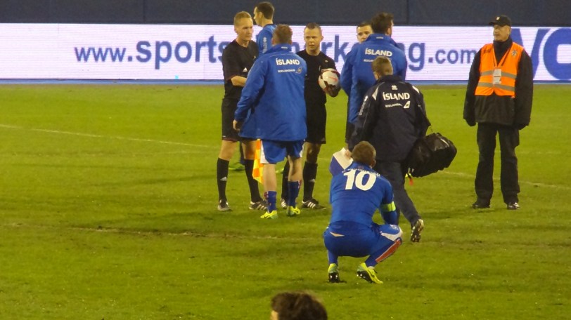 A dejected Gylfi Sigurðsson needed to be consoled after the game. Sigurðsson, Iceland's most notable player in Europe, will likely be a major player in their upcoming Euro 2016 and World Cup 2018 qualification campaigns.