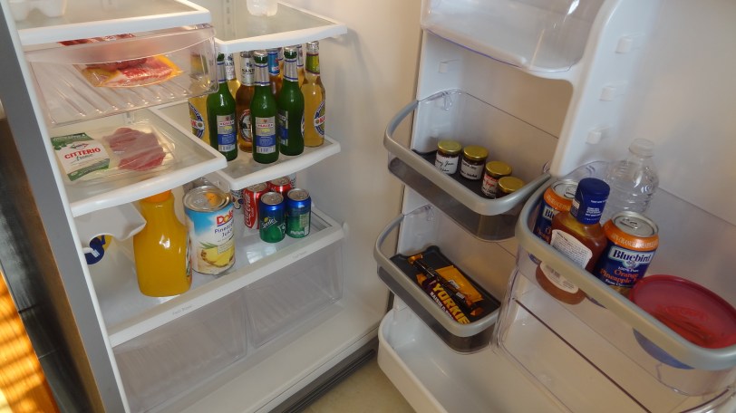 Some highlights of the fridge: Kalik beer, Bahamas Goombay Punch (the little smiley face on a can that is poking out between the juice and soda) and the Yorkie Biscuit & Raisin chocolate bar. Yum, yum, yum.