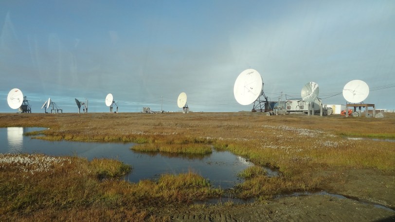Satellites are pointed to the horizon to a relay beam that then redirects the signal up into space.